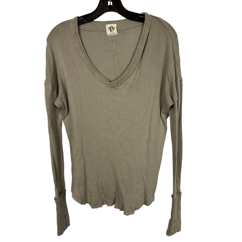 We The Free Free People Taupe Thermal Top Raw Hem Thumbhole Boho XS